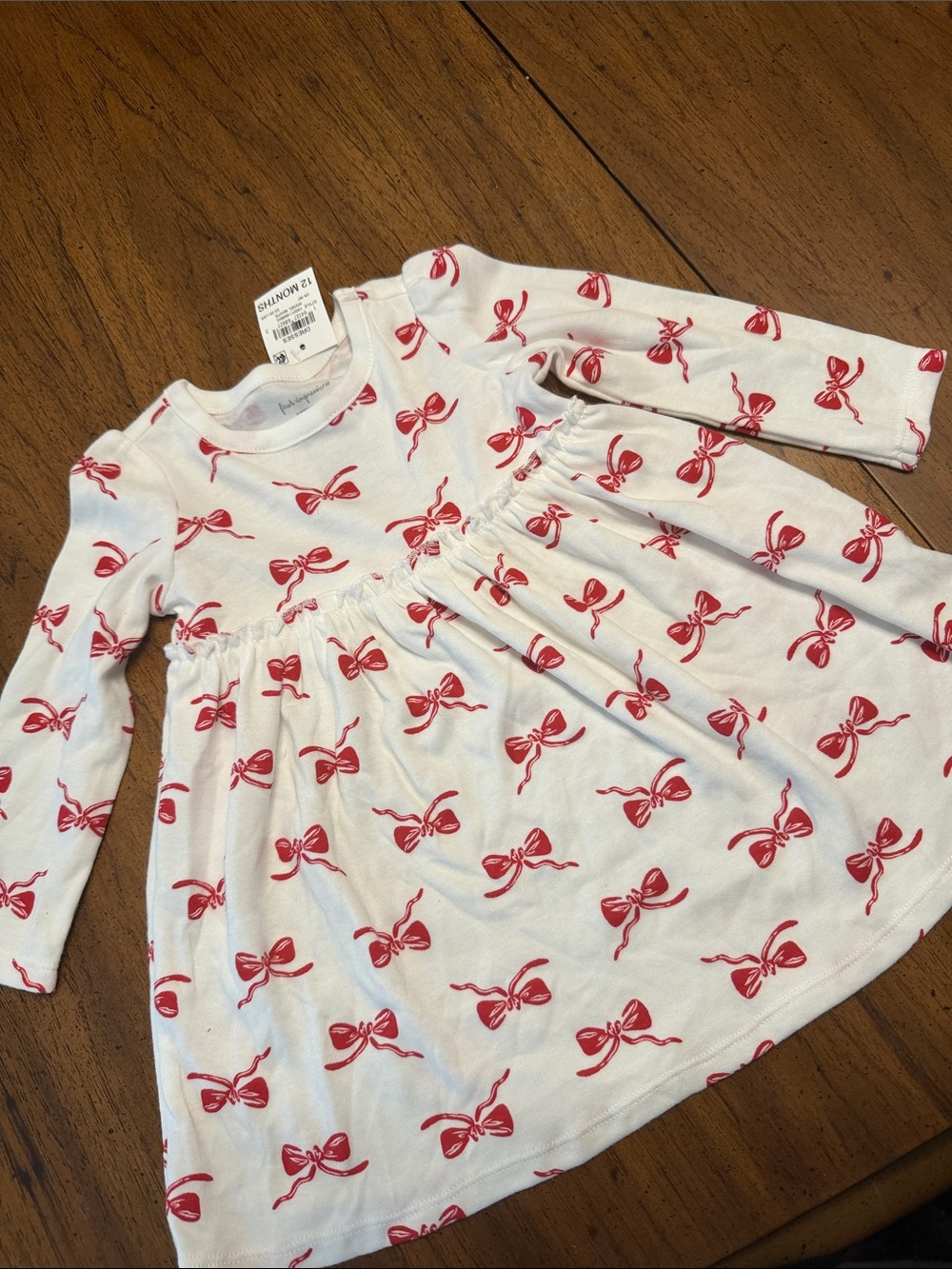 12M White Long-Sleeve Dress with Red Bow Print
